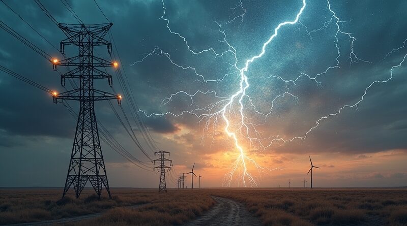 Sieć neuronowa obciążająca starą sieć energetyczną na tle krajobrazu Europy, symbolizująca napięcie rewolucji AI.