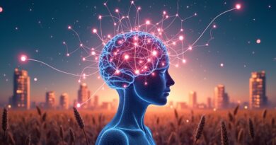 Połączone sieci neuronowe tworzące mózg na tle pejzażu miejskiego i pola pszenicy. Ilustracja konceptualna, automatyzacja obsługi klienta przez AI.