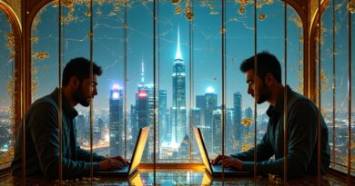 Złota klatka z motywami smoka i obwodów, futurystyczne miasto za pękniętym ekranem.