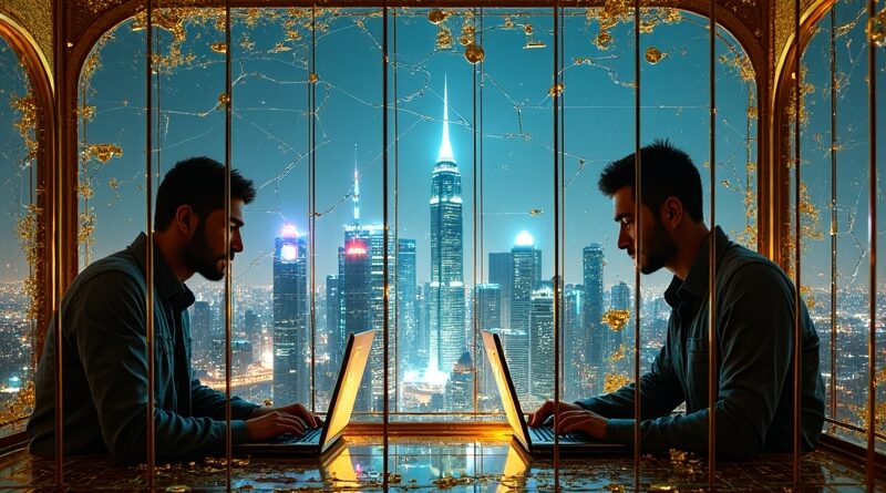 Złota klatka z motywami smoka i obwodów, futurystyczne miasto za pękniętym ekranem.