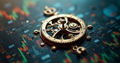 Zepsuty mechanizm zegarowy na tle chaotycznego wykresu Forex, symbolizujący zawodność prognoz AI.