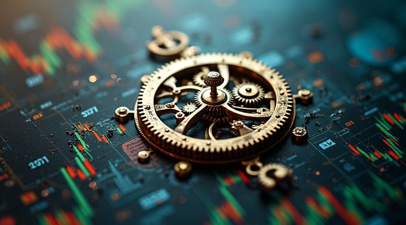 Zepsuty mechanizm zegarowy na tle chaotycznego wykresu Forex, symbolizujący zawodność prognoz AI.