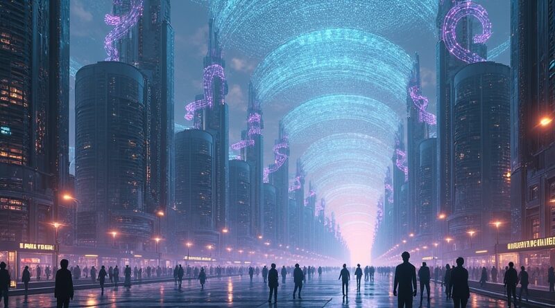 Futurystyczny pejzaż miejski z robotami i duchami ludzi, symbolizujący cyfrową dominację AI i zmierzch ludzkiej interakcji.