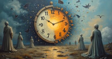 Stapiający się zegar z smartfonem, duchy w binarnym kodzie, oko AI. Metafora zmierzchu tradycyjnego wyszukiwania.