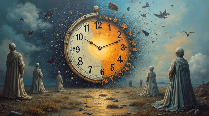 Stapiający się zegar z smartfonem, duchy w binarnym kodzie, oko AI. Metafora zmierzchu tradycyjnego wyszukiwania.