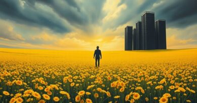 Olejny surrealizm: samotna postać w polu rzepaku, burza binarna, mroczne serwerownie. Opór wobec AI.