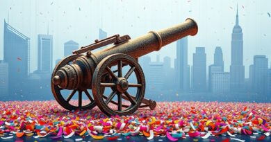 Antyczna armata z kodu, skierowana od konfetti; minimalistyczna Dolina Krzemowa, binarny deszcz.