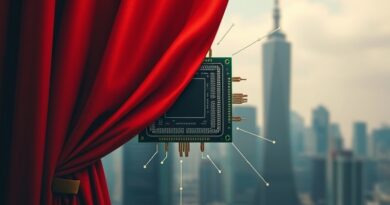 Pęknięty mikroczip za czerwoną kurtyną, budynki symbolizujące Chiny i USA, oddający napięcie szpiegostwa technologicznego.