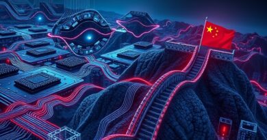 Zaawansowane chipy splecione z finansowymi nićmi biegnące do futurystycznego Muru Chińskiego, ryzyko, napięcie.