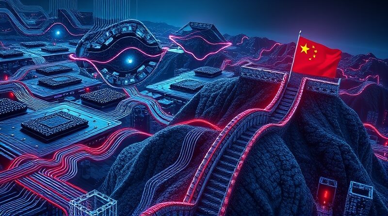 Zaawansowane chipy splecione z finansowymi nićmi biegnące do futurystycznego Muru Chińskiego, ryzyko, napięcie.