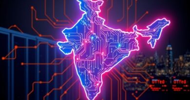 Świecąca mapa Indii jako płyta główna symbolizuje technologiczny rozwój i ambicje Yotta Data Services.