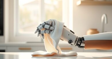 Ludzka dłoń czyści robota w kuchni. Sztuczna inteligencja uczy się przez pracę ludzi.