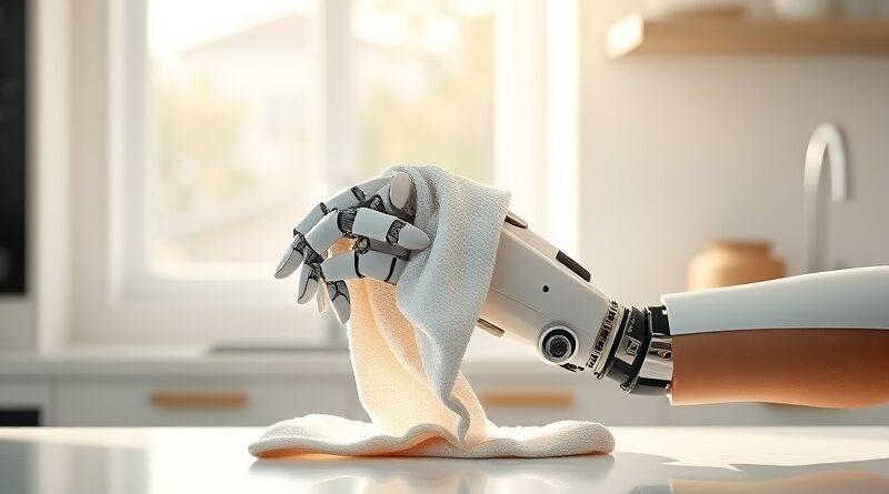 Ludzka dłoń czyści robota w kuchni. Sztuczna inteligencja uczy się przez pracę ludzi.