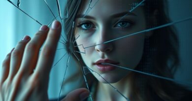 Rozbite lustro, zniekształcone odbicie kobiety glitchami i kodem, symbolizujące utratę tożsamości i naruszenie prywatności.