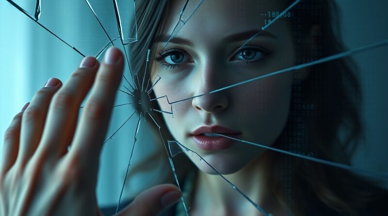Rozbite lustro, zniekształcone odbicie kobiety glitchami i kodem, symbolizujące utratę tożsamości i naruszenie prywatności.