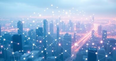 Abstrakcyjna panorama miasta z ikon aplikacji przechodzących w połączone węzły sieci neuronowej. Kolorystyka pastelowa.