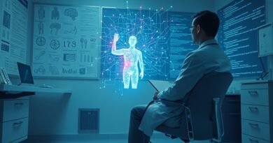 Lekarz analizuje dane płynące od promieniejącej, półprzezroczystej postaci AI w gabinecie lekarskim.