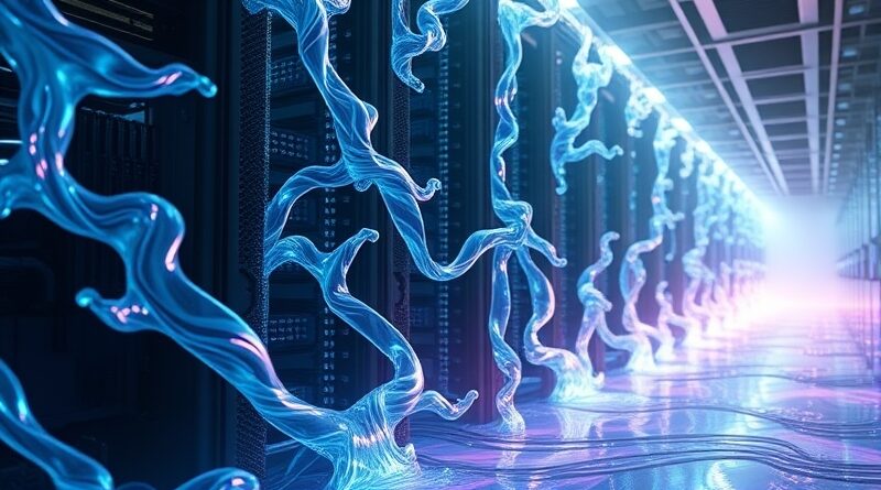 Futurystyczna szafa serwerowa chłodzona cieczą, symbol ery AI z bilionem parametrów.