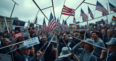 Rozbite lustro odbija zniekształcone postacie wiecu, symbolizując manipulację i erę post-prawdy w polityce.