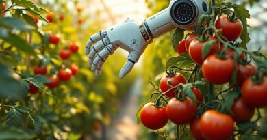 Robot delikatnie zbiera dojrzałego pomidora z krzaka w szklarni, wykorzystując zaawansowany system analizy zbiorów.