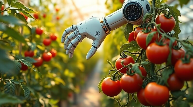 Robot delikatnie zbiera dojrzałego pomidora z krzaka w szklarni, wykorzystując zaawansowany system analizy zbiorów.