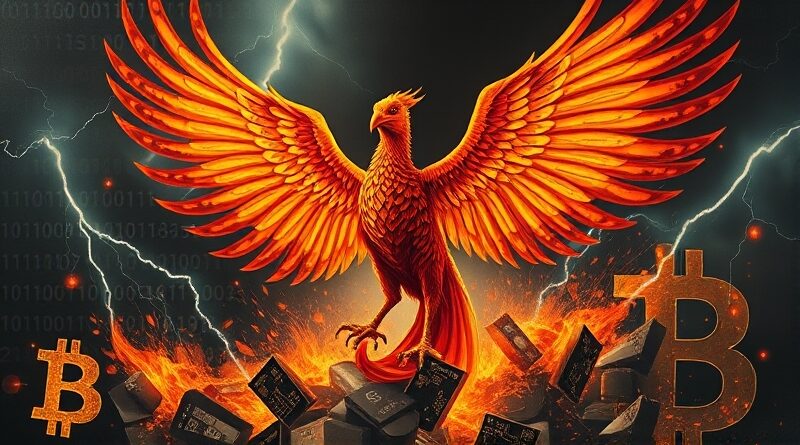 Feniks z obwodów scalonych powstający z popiołów Bitcoinów, na tle burzy binarnych danych i wykresów.