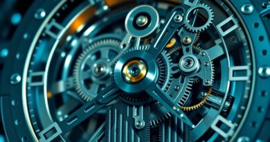 Złożony mechanizm zegarowy symbolizujący surową logikę i precyzję nowego modelu AI, inspirowany Art Deco i schematami obliczeniowymi.