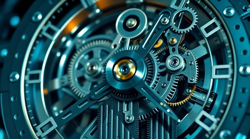 Złożony mechanizm zegarowy symbolizujący surową logikę i precyzję nowego modelu AI, inspirowany Art Deco i schematami obliczeniowymi.