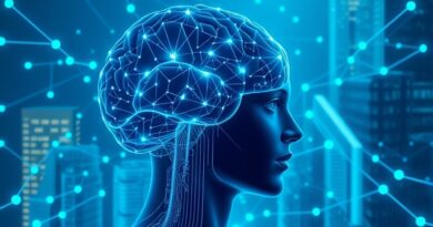 Mózg cyfrowy w ludzkiej sylwetce, sieci neuronowe, korporacyjne struktury w tle. Fuzja AI i umysłu.