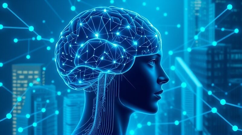 Mózg cyfrowy w ludzkiej sylwetce, sieci neuronowe, korporacyjne struktury w tle. Fuzja AI i umysłu.
