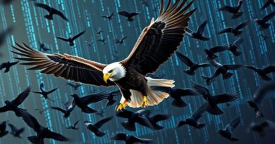 Bielik walczy z rojem cyfrowych wron na tle kodu, symbolizując Sójkę z Bielik.AI.