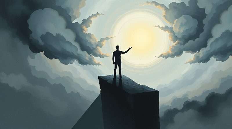 Samotna postać na skraju przepaści wyciąga rękę ku świetlistej kuli nadziei pośród mroku.