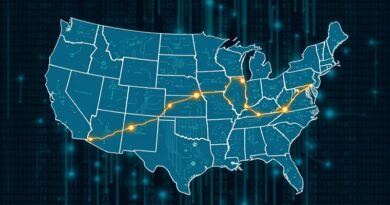Pofragmentowana mapa USA z obwodami, spięta świetlistą nicią na tle sieci neuronowej AI.