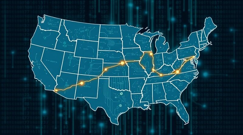 Pofragmentowana mapa USA z obwodami, spięta świetlistą nicią na tle sieci neuronowej AI.