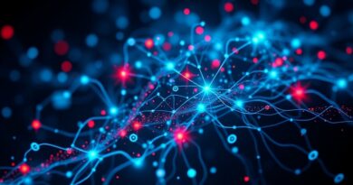 Abstrakcyjna sieć neuronowa w chłodnych barwach, oświetlona, wpleciona w ikony dark webu, zagrożenia oznaczone czerwienią.