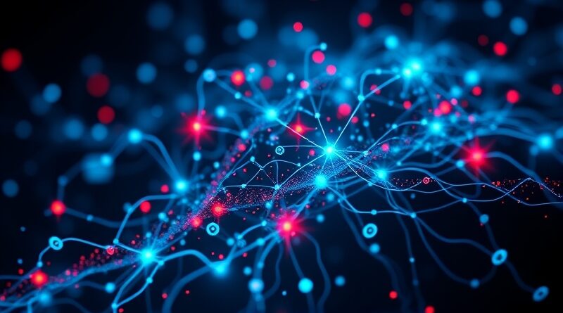 Abstrakcyjna sieć neuronowa w chłodnych barwach, oświetlona, wpleciona w ikony dark webu, zagrożenia oznaczone czerwienią.