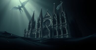 Gotycka katedra tonąca w czarnym płynie, rozpadające się anielskie skrzydła, samotny promień światła. Koniec ery wideo AI.