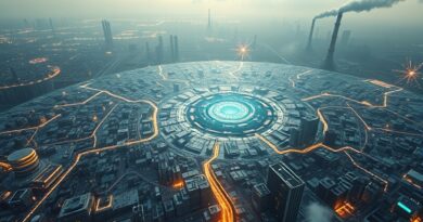 Krzemowa płyta niczym miasto AI, napięcie zasobów, futurystyczne fabryki, pęknięcia.