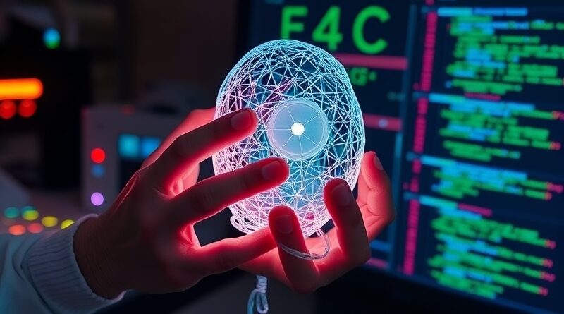 Cyfrowy rzeźbiarz modeluje siatkę 3D ze zdjęcia, otoczony kodem i wirtualnymi narzędziami.