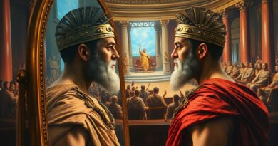 Narcyzujący cesarz rzymski podziwia w cyfrowym lustrze swój boski wizerunek, w tle spór o moralność.