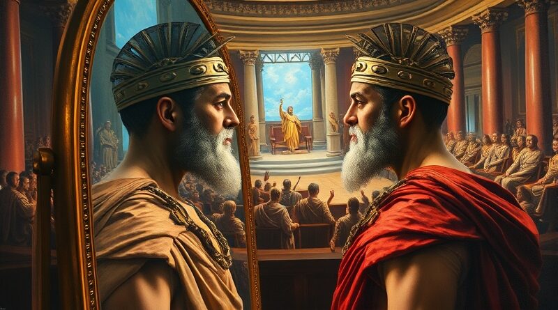 Narcyzujący cesarz rzymski podziwia w cyfrowym lustrze swój boski wizerunek, w tle spór o moralność.