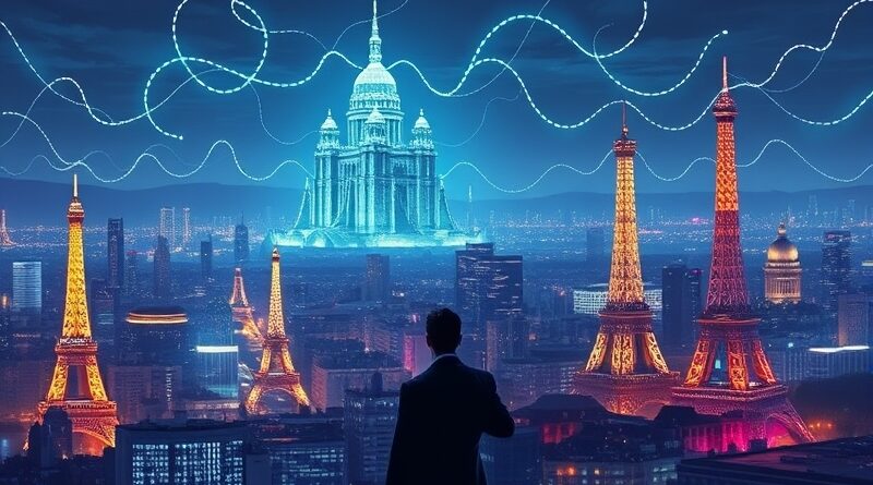 Futurystyczna panorama Paryża z serwerownią AI przypominającą katedrę, Arthur Mensch spogląda w przyszłość.
