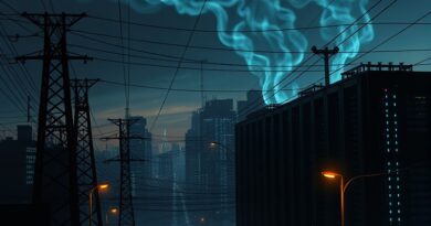 Zmierzch. Wiktoriańskie słupy energetyczne splecione z futurystycznymi serwerowniami. Metafora zderzenia AI i starej infrastruktury.