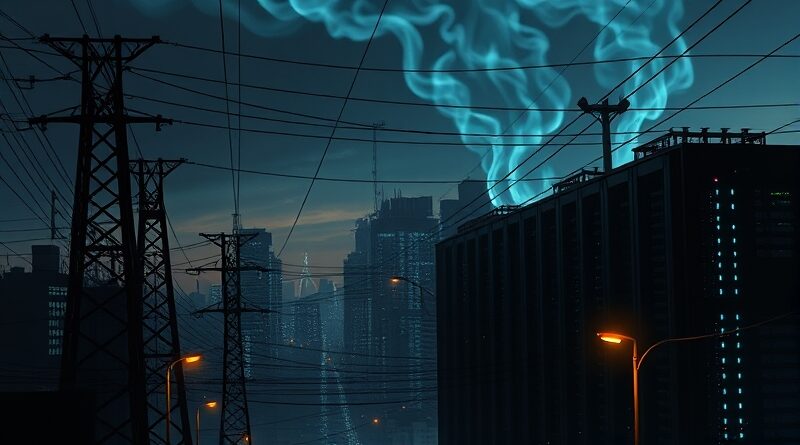 Zmierzch. Wiktoriańskie słupy energetyczne splecione z futurystycznymi serwerowniami. Metafora zderzenia AI i starej infrastruktury.