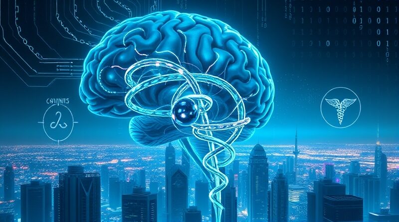 Iridescentny mózg z DNA i obwodów nad futurystycznym miastem. AI projektuje leki.