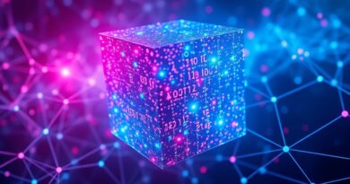 Futurystyczna kostka danych holograficznych, unosząca się w sieci neuronalnej. Olśniewające światło, detaliczne.