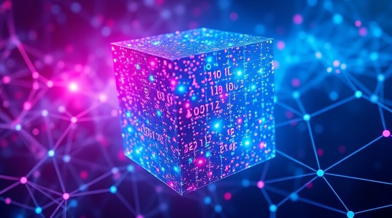 Futurystyczna kostka danych holograficznych, unosząca się w sieci neuronalnej. Olśniewające światło, detaliczne.