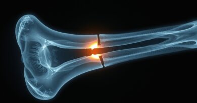 Geometrycznie idealne złamanie kości na zdjęciu rentgenowskim, subtelna poświata kontrastuje z surową teksturą kości.