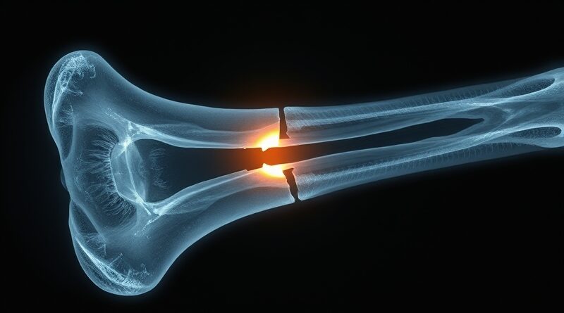 Geometrycznie idealne złamanie kości na zdjęciu rentgenowskim, subtelna poświata kontrastuje z surową teksturą kości.