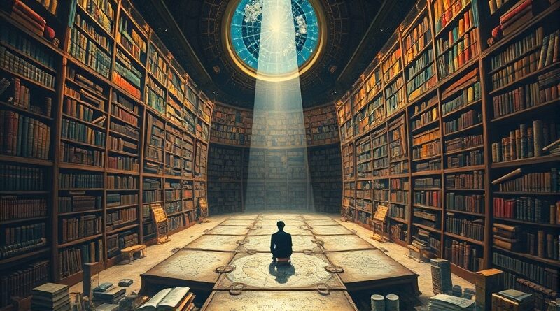 Surrealistyczna biblioteka, człowiek rozwiązuje zagadkę z konstelacji, symbolizując ludzką inteligencję przewyższającą AI.